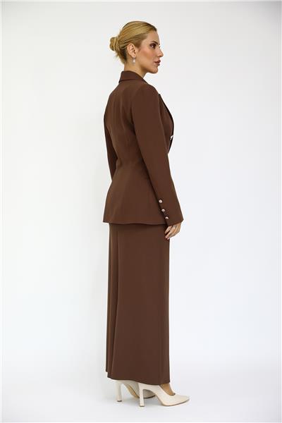 Erkek Yaka  Çapraz Ceket &  Uzun Düz Dar Etek-Kestane
