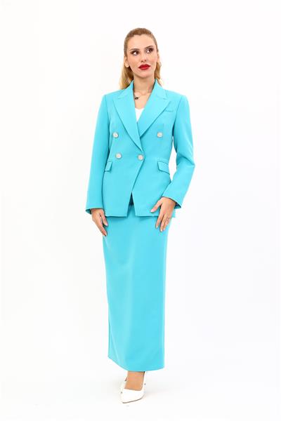 Erkek Yaka  Çapraz Ceket &  Uzun Düz Dar Etek-Turkuaz