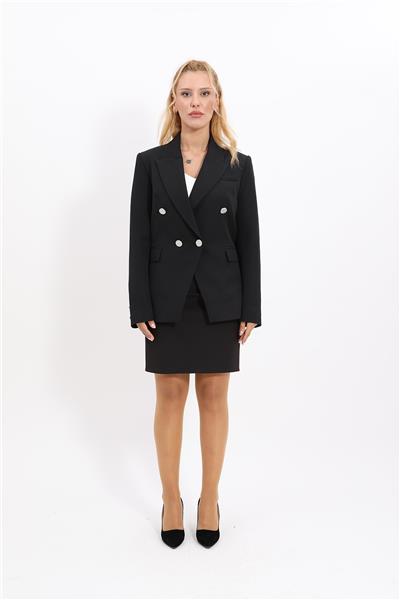 Erkek Yaka  Çapraz Ceket & Yırtmaçlı Düz Dar Etek-Siyah