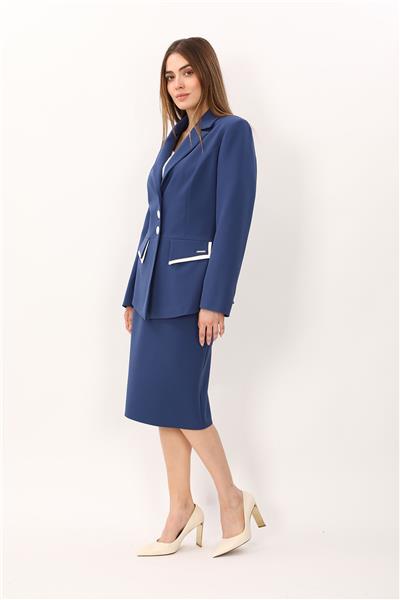 Erkek Yaka Çift Kapaklı  Ceket & Düz Dar Etek-İndigo