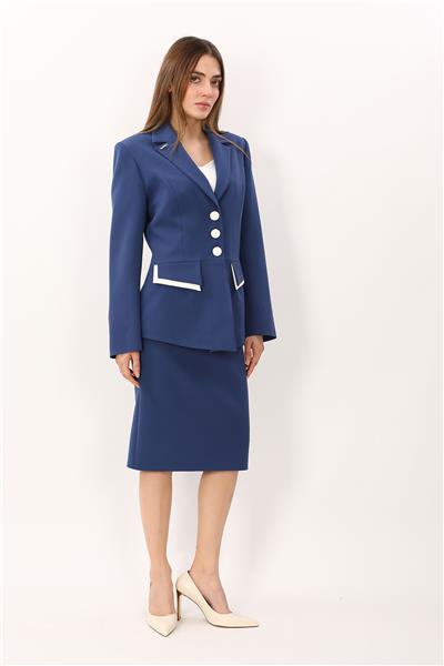 Erkek Yaka Çift Kapaklı  Ceket & Düz Dar Etek-İndigo