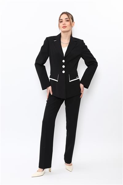 Erkek Yaka Çift Kapaklı  Ceket & Kemerli Boru Paça Pantolon-Siyah