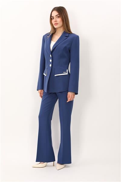 Erkek Yaka Çift Kapaklı  Ceket & Kemerli İspanyol Paça Pantolon-İndigo