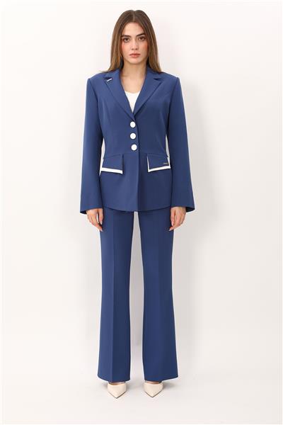 Erkek Yaka Çift Kapaklı  Ceket & Kemerli İspanyol Paça Pantolon-İndigo