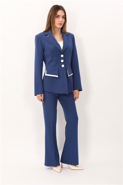 Erkek Yaka Çift Kapaklı  Ceket & Kemerli İspanyol Paça Pantolon-İndigo