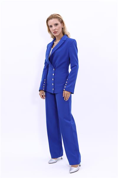 Erkek Yaka Düğme Detaylı Ceket & Bol Paça Pantolon-Saks