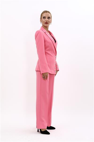 Erkek Yaka Düğme Detaylı Ceket & Bol Paça Pantolon-Pembe
