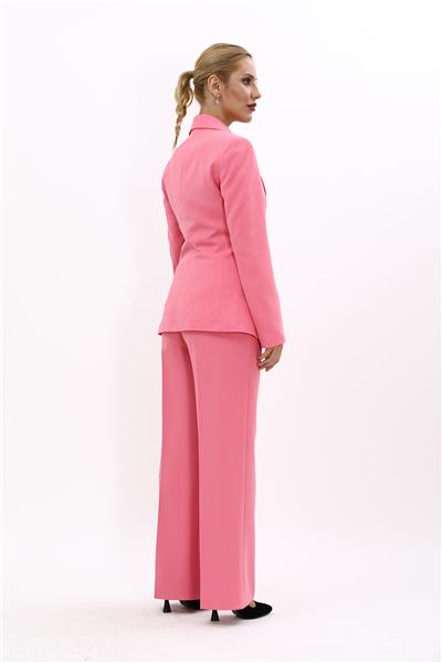 Erkek Yaka Düğme Detaylı Ceket & Bol Paça Pantolon-Pembe