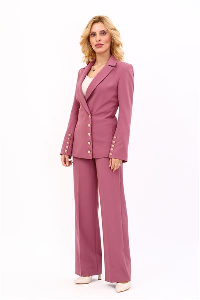 Erkek Yaka Düğme Detaylı Ceket & Bol Paça Pantolon-Rose