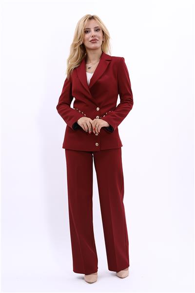 Erkek Yaka Düğme Detaylı Ceket & Bol Paça Pantolon-Bordo