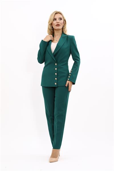 Erkek Yaka Düğme Detaylı Ceket & Dar Paça Pantolon-Zümrüt