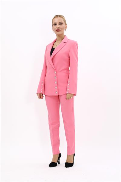 Erkek Yaka Düğme Detaylı Ceket & Dar Paça Pantolon-Pembe