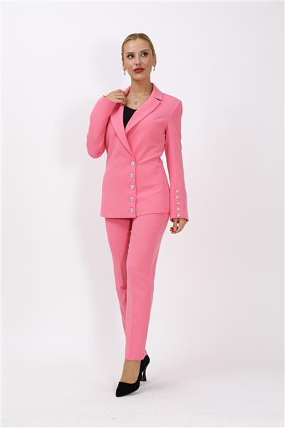 Erkek Yaka Düğme Detaylı Ceket & Dar Paça Pantolon-Pembe