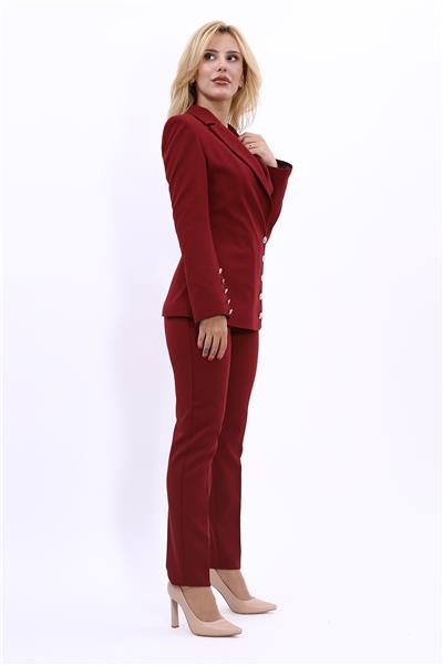 Erkek Yaka Düğme Detaylı Ceket & Dar Paça Pantolon-Bordo