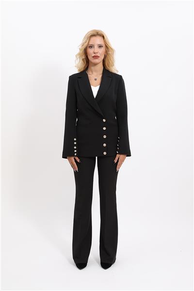 Erkek Yaka Düğme Detaylı Ceket & İspanyol Paça Pantolon-Siyah