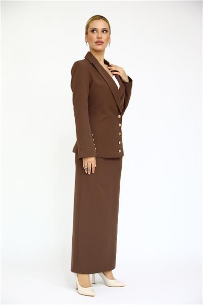 Erkek Yaka Düğme Detaylı Ceket & Uzun Düz Dar Etek-Kestane