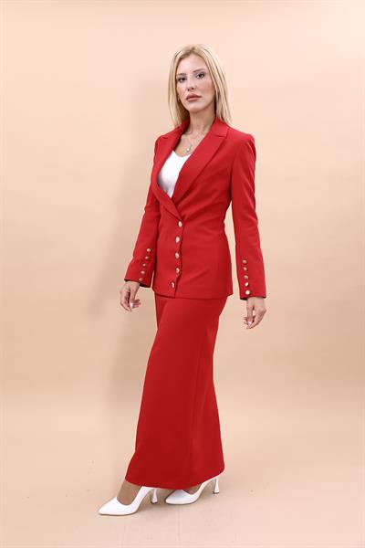 Erkek Yaka Düğmeli Modern Ceket & Uzun Kalem Etek Kadın Takım Elbise-Kırmızı