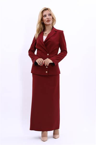 Erkek Yaka Düğmeli Modern Ceket & Uzun Kalem Etek Kadın Takım Elbise-Bordo