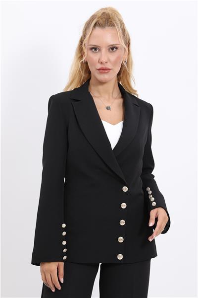 Erkek Yaka Düğmeli Modern Kadın Ceket-Siyah