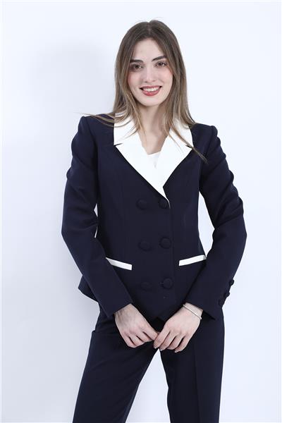 Erkek Yaka Garnili Kruvaze Kadın Ceket-Beyaz