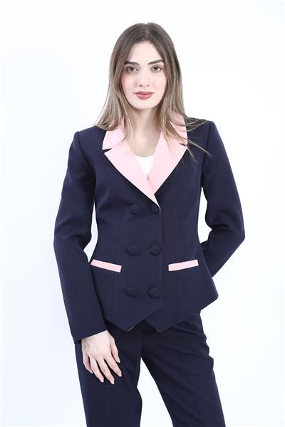 Erkek Yaka Garnili Kruvaze Kadın Ceket-Pudra