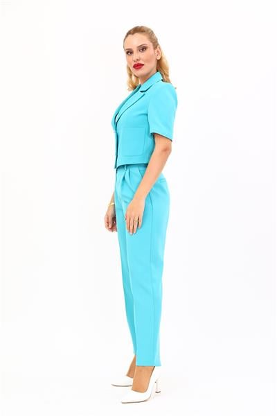 Erkek Yaka Kısa Ceket &  Kemerli Köprülü Dar Paça Pantolon-Turkuaz
