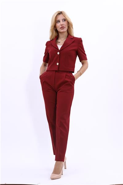 Erkek Yaka Kısa Ceket &  Kemerli Köprülü Dar Paça Pantolon-Bordo