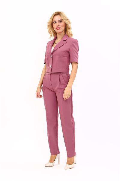 Erkek Yaka Kısa Ceket &  Kemerli Köprülü Dar Paça Pantolon-Rose