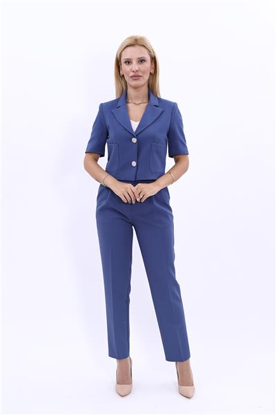Erkek Yaka Kısa Ceket &  Kemerli Köprülü Dar Paça Pantolon-İndigo