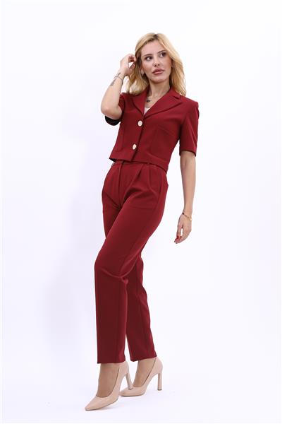 Erkek Yaka Kısa Ceket &  Kemerli Köprülü Dar Paça Pantolon-Bordo