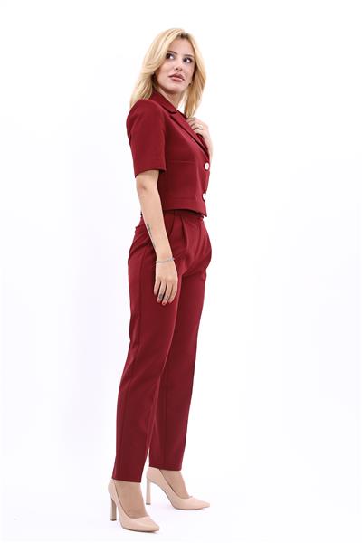 Erkek Yaka Kısa Ceket &  Kemerli Köprülü Dar Paça Pantolon-Bordo