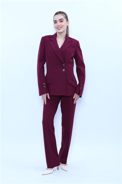 Erkek Yaka Kol Yırtmaçlı Ceket & Kemerli Boru Paça Pantolon-Mürdüm