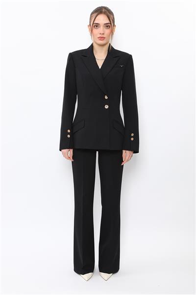 Erkek Yaka Kol Yırtmaçlı Ceket & Kemerli İspanyol Paça Pantolon-Siyah