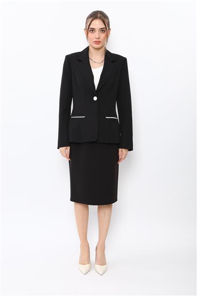 Erkek Yaka Konbinli Tek Düğme Ceket & Düz Dar Etek-Siyah