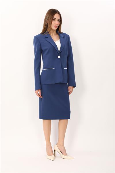 Erkek Yaka Konbinli Tek Düğme Ceket & Düz Dar Etek-İndigo