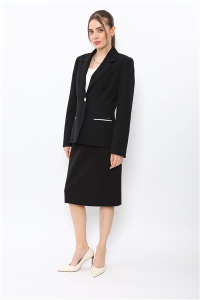 Erkek Yaka Konbinli Tek Düğme Ceket & Düz Dar Etek-Siyah