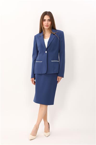 Erkek Yaka Konbinli Tek Düğme Ceket & Düz Dar Etek-İndigo