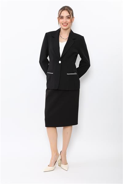 Erkek Yaka Konbinli Tek Düğme Ceket & Düz Dar Etek-Siyah