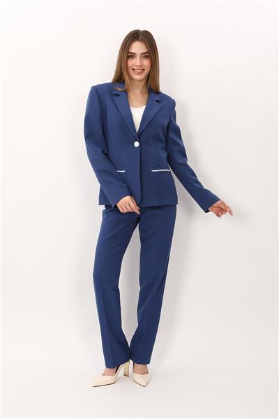 Erkek Yaka Konbinli Tek Düğme Ceket & Kemerli Boru Paça Pantolon-İndigo