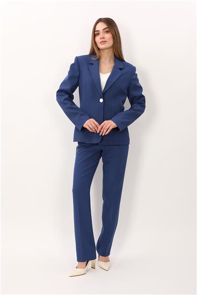 Erkek Yaka Konbinli Tek Düğme Ceket & Kemerli Boru Paça Pantolon-İndigo