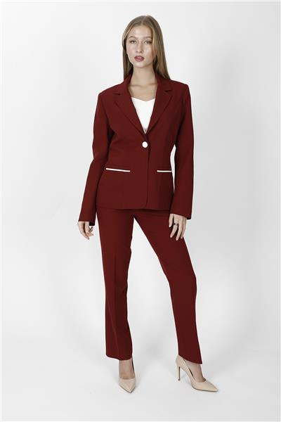 Erkek Yaka Konbinli Tek Düğme Ceket & Kemerli Boru Paça Pantolon-Bordo