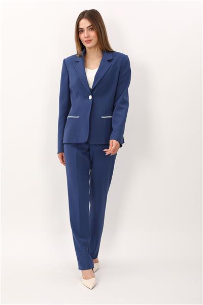 Erkek Yaka Konbinli Tek Düğme Ceket & Kemerli Boru Paça Pantolon-İndigo