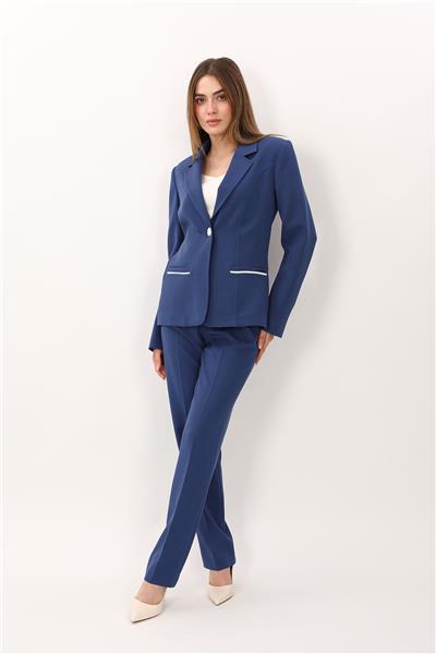 Erkek Yaka Konbinli Tek Düğme Ceket & Kemerli Boru Paça Pantolon-İndigo