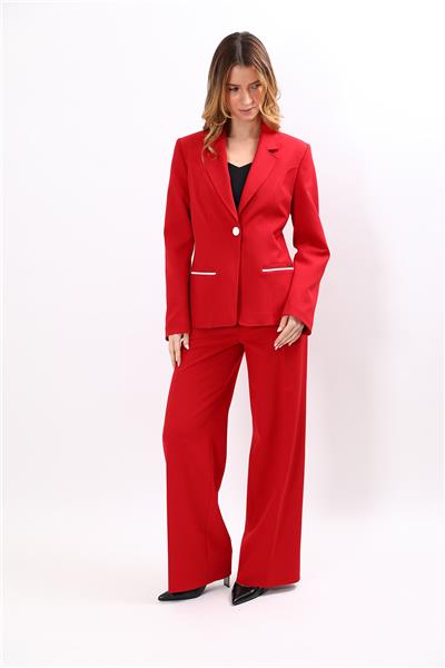 Erkek Yaka Konbinli Tek Düğme Ceket & Korsaj Kemer Palazzo Pantolon-Kırmızı
