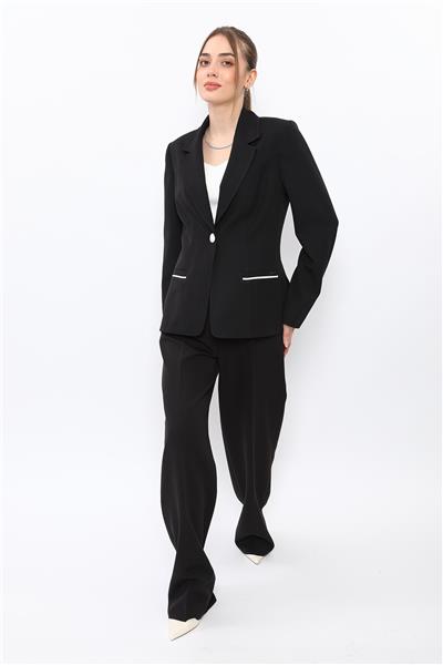 Erkek Yaka Konbinli Tek Düğme Ceket & Korsaj Kemer Palazzo Pantolon-Siyah