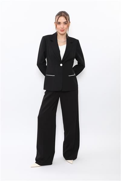 Erkek Yaka Konbinli Tek Düğme Ceket & Korsaj Kemer Palazzo Pantolon-Siyah