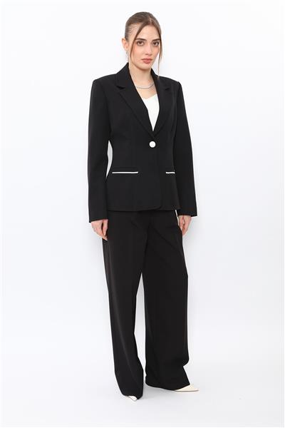 Erkek Yaka Konbinli Tek Düğme Ceket & Korsaj Kemer Palazzo Pantolon-Siyah