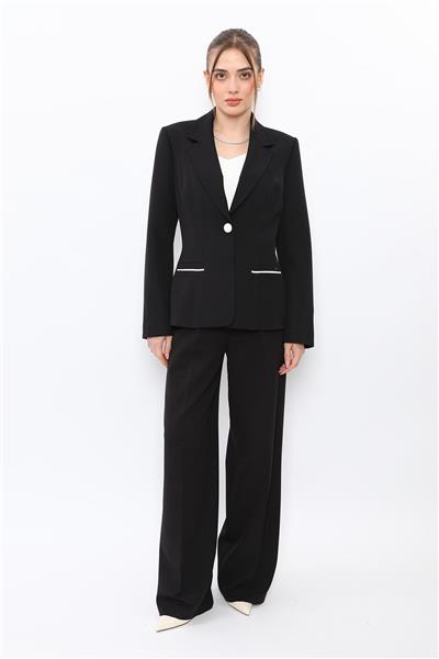 Erkek Yaka Konbinli Tek Düğme Ceket & Korsaj Kemer Palazzo Pantolon-Siyah