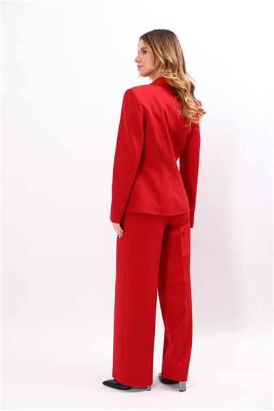 Erkek Yaka Konbinli Tek Düğme Ceket & Korsaj Kemer Palazzo Pantolon-Kırmızı