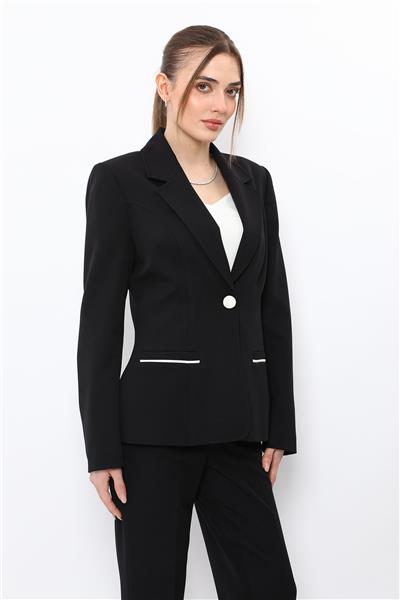 Erkek Yaka Konbinli Tek Düğme Ceket-Siyah